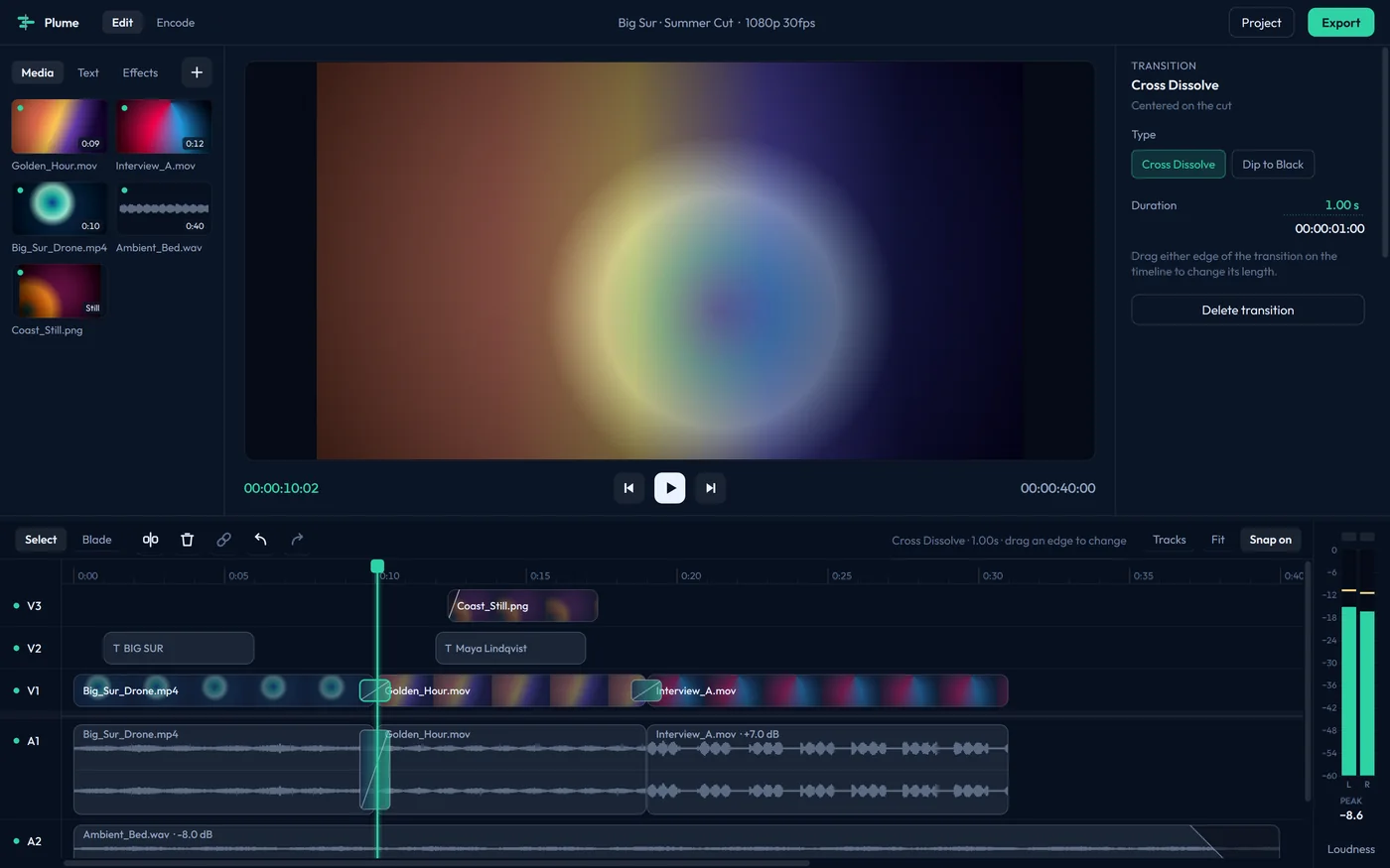 A cross dissolve selected on Plume's timeline, halfway through blending two clips in the monitor.