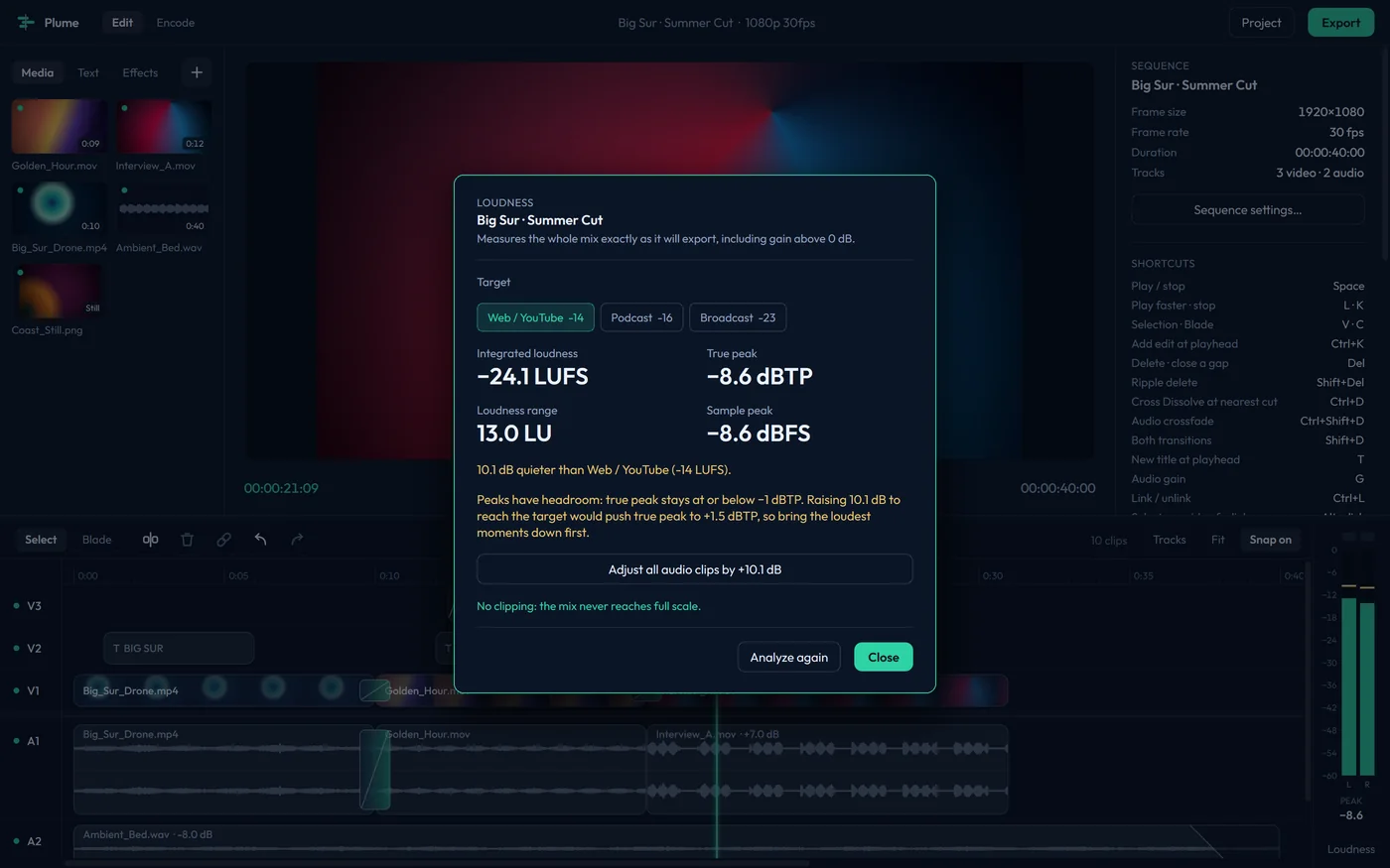 Plume's Loudness window over the editor, measuring the mix against a Web / YouTube target.