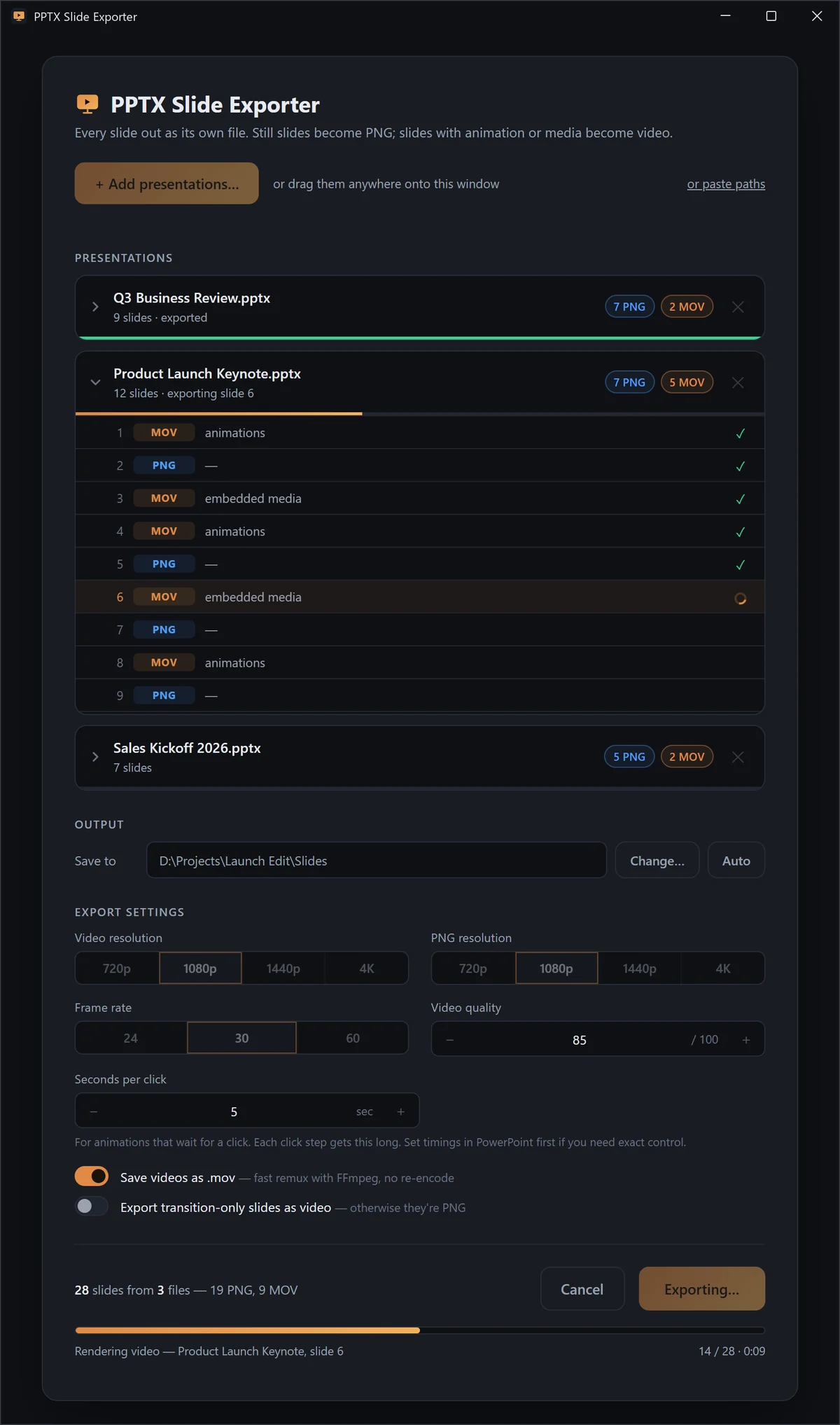The PPTX Slide Exporter window mid-export: Q3 Business Review finished, Product Launch Keynote expanded with slides 1 to 5 ticked and slide 6 rendering as a video, and the progress bar at 14 of 28 slides.
