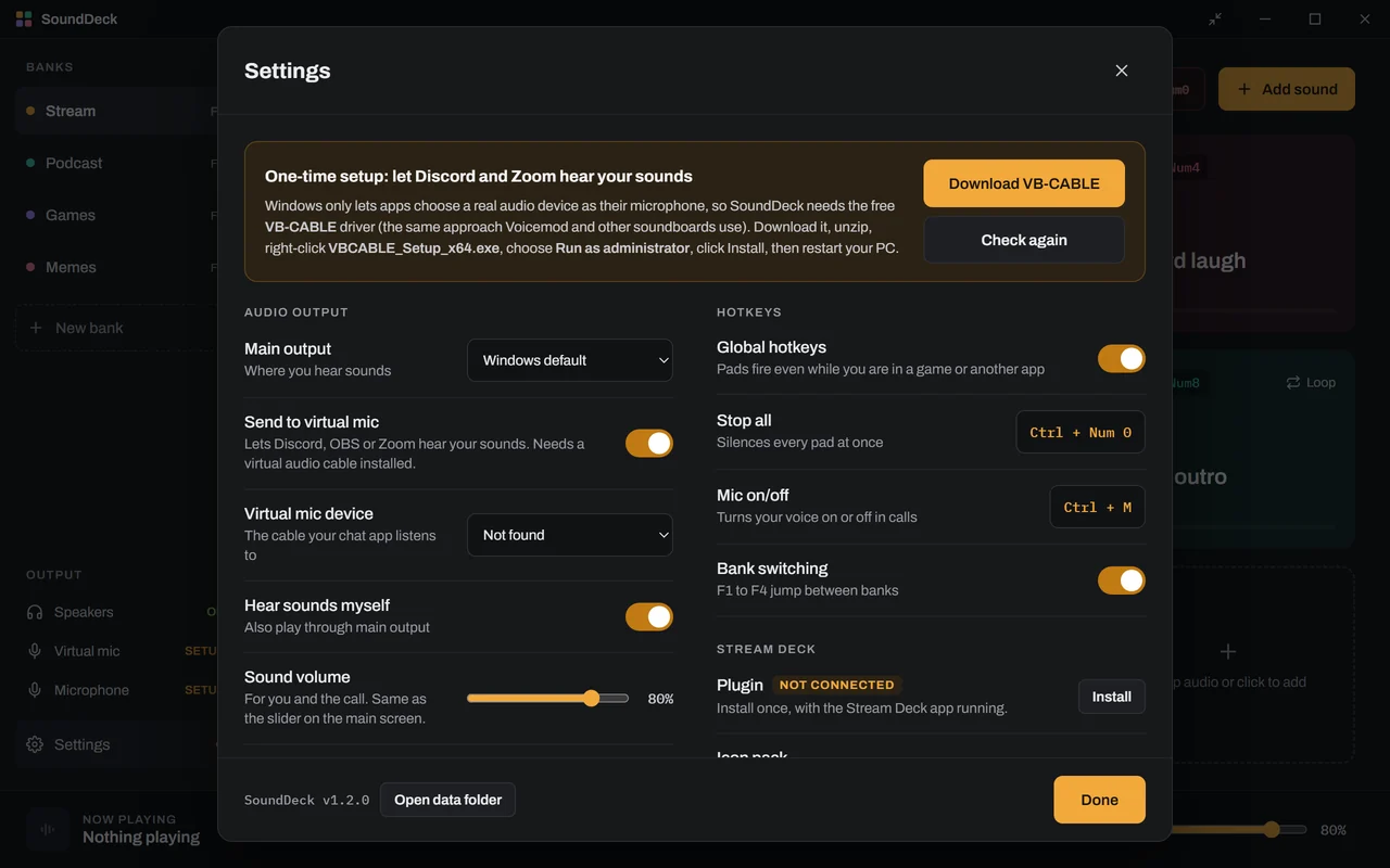 SoundDeck's Settings with a setup card at the top reading 'One-time setup: let Discord and Zoom hear your sounds', with Download VB-CABLE and Check again buttons. The sidebar shows Virtual mic and Microphone as SETUP.